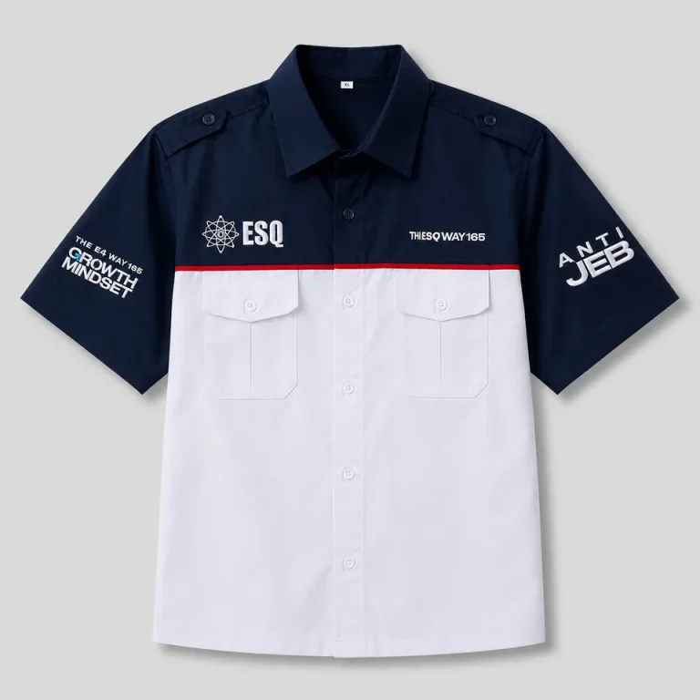 Kemeja kerja biru putih dengan bordir beberapa posisi hasil produksi Rafsakaos