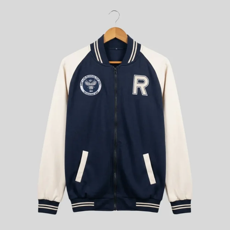 Jaket varsity custom dengan detail bordir hasil produksi Rafsakaos