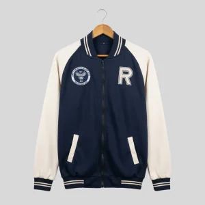 Jaket varsity custom dengan detail bordir hasil produksi konveksi Rafsakaos