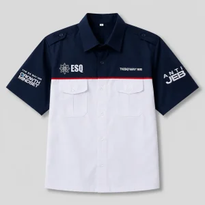 Kemeja kerja custom dengan bordir logo multi posisi hasil produksi konveksi Rafsakaos